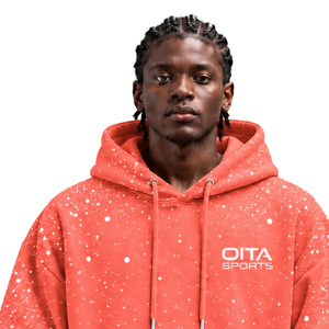 Coral <b>White</b> Speckled Print Men Pullover <b>Hoodie</b> <b>Oversized</b> Fleece Sweatshirt Drawstring Hood Kangaroo Pocket Casual Streetwear - Product Image 3