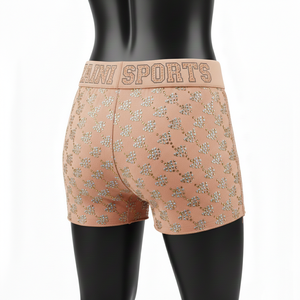 Shorts de mujer con cintura elástica, malla premium, elastano, pedrería termoadhesiva y logotipo personalizado. - Product Image 5