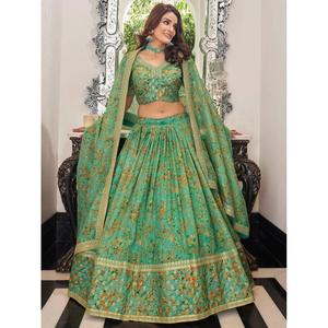 Attractive Green Floral Printed Organza Mehendi Wear Lehenga Choli - Product Image 6