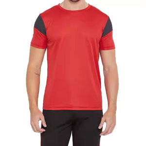 <b>Red</b> <b>Men's</b> Sporty Short Sleeve T-<b>Shirt</b> With <b>Black</b> Shoulder Panels Round Neck Solid Color Athletic Wear NeedChang This - Product Image 1