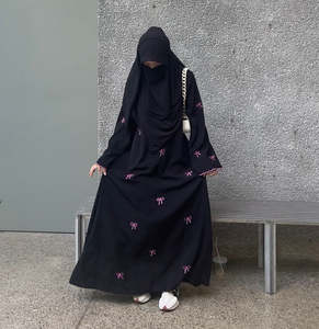 Modest Islamic Elegant Breathable Quick Dry Handmade <b>Black</b> Beaded Polyester Solid Pattern Eid Ramadan Abaya Loose <b>Long</b> <b>Sleeve</b> - Product Image 1