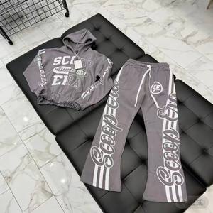 Ensemble de survêtement à capuche Scoop Era gris, pantalon et sweat-shirt longs, imprimé lettres, coupe décontractée, unisexe adulte, pour l'automne - Product Image 2