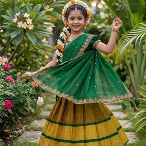Green and Mustard Kids <strong>Half</strong> <strong>Saree</strong> <strong>Set</strong> Cotton Silk Lehenga Heavy Embroidery Choli Full Stitched Manufacturer Rate By Royal Export - Product Image 2