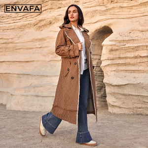 ENVAFA <b>Women</b> Long Trench <b>Coat</b> Woven Breathable <b>Double</b> <b>Breasted</b> Turn-down Collar Casual Autumn Outerwear Solid Color Full Sleeve - Product Image 6