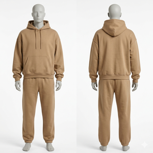 Unisex Camel Brown Hooded Tracksuit <b>Set</b> Full Length Solid Color Casual <b>Joggers</b> with Side Pockets Regular Fit 100% Cotton Autumn - Product Image 1
