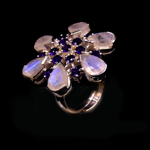Bague Classique pour Femme en Argent Sterling 925 Plaqué Argent avec Pierre Gemme Pierre de Lune Arc-en-ciel Blanche et Améthyste, pour Mariage - Product Image 1