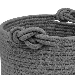 ตะกร้าเก็บของทรงกลมตกแต่งพร้อมหูจับ ตะกร้าเชือกฝ้ายสีเทาเข้มแบบซักได้ สำหรับชั้นวางของในตู้เสื้อผ้า จัดระเบียบบ้าน - Product Image 3