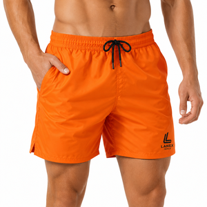 Shorts de bain pour hommes personnalisés, couleur orange, séchage rapide, taille élastique, cordon de serrage, légers, shorts de plage, poches, OEM 100% - Product Image 2