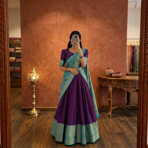 Lehenga Choli en soie violette avec bordure turquoise, tenue traditionnelle indienne, longueur au sol, tenue ethnique pour toutes les saisons - Product Image 1