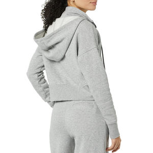 Sweat-shirt gris décontracté à capuche et fermeture éclair pour femme, manches longues, en mélange de coton tricoté respirant, coupe courte, couleur unie, automne - Product Image 4