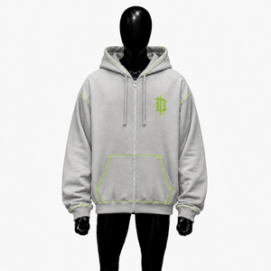Sudadera con capucha gótica plateada con cremallera, costuras en contraste verdes, estilo oversize, streetwear, logo bordado, unisex, ropa de moda punk personalizada, en oferta. - Product Image 1