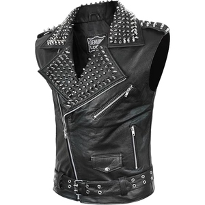 Custom Genuine <b>Leather</b> Studded Biker <b>Vest</b> <b>Mens</b> Punk Style Motorcycle <b>Leather</b> Waistcoat With Asymmetrical Zip Closure - Product Image 3