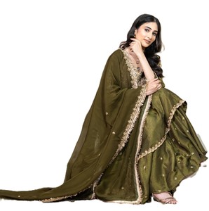 French Crep Silk Embroidered Salwar Kameez Sharara Dupatta Set <b>Mehndi</b> Green Color Women Party Wear Ethnic Festive <b>Outfit</b> - Product Image 1