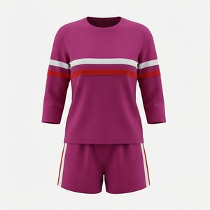Women's 2 Piece Sporty <b>Knitted</b> <b>Set</b> Three Quarter Sleeve Top With Side Stripe Shorts Purple Color Blocked Spring Summer Wear - Product Image 1