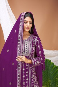 Ensemble Salwar en Georgette Violet Brodé pour Femme, Style Traditionnel Indien et Pakistanais, Tenue Décontractée, Coupe Classique, Longueur au Sol, Ensemble Complet - Product Image 4