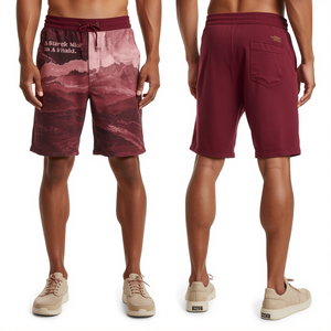 Luxury Men's Heavyweight French Terry Shorts with Crimson Terrain <b>Layered</b> Print and Premium Athletic Lifestyle Construction - Product Image 2