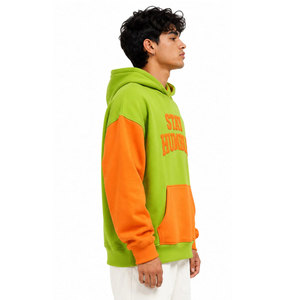 Sweat-shirt à capuche pour homme, vert et orange, avec blocs de couleur, imprimé en relief, logo Stay Humble, coupe oversize, décontracté, avec poche, capuche embossée - Product Image 5