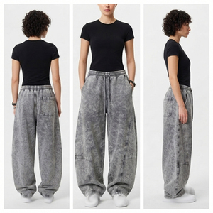 Pantalon de survêtement molletonné pour femme, taille mi-haute, délavé à l'acide, en polyester/coton, coupe régulière, longueur intégrale, taille élastique, écologique, hiver - Product Image 4
