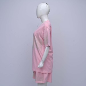 Wholesale Custom logo Women’s Outfit <b>Rhinestone</b> Pink Color <b>Top</b> Oversized Half Sleeve Bottom Matching Shorts Cotton jersey Sets - Product Image 3