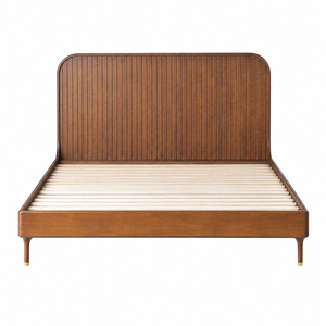 Luxury Solid Teak Wood <b>Bed</b> <b>Frame</b> Fluted Headboard <b>Platform</b> <b>Bed</b> with Brass Leg Tips for Bedroom - Product Image 2