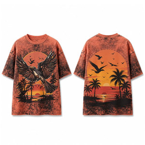 Camiseta de manga corta extragrande para hombre con estampado de puesta de sol de pájaros y palmeras, cuello redondo, informal, de algodón, para verano, con lavado ácido. - Product Image 1