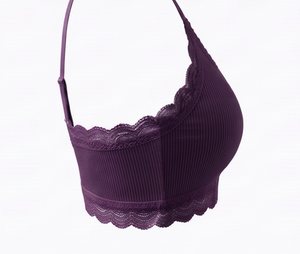 Women's Purple Wire-Free Bra And Hipster <b>Panty</b> Set With Lace Trim Mid-Rise Knitted Spandex Underwear - Product Image 5