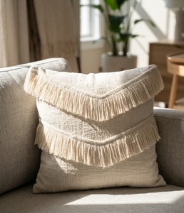 Housse de coussin décorative en coton blanc, motif géométrique moderne abstrait d'Inde, avec bordure à volants et protection anti-acariens - Product Image 1