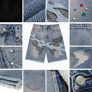 Flame Wing Rhinestone <b>ice</b> Blue Cotton denim Shorts men Baggy Y2K Streetwear Shorts Applique Chain <b>Ring</b> Frayed Hem Denim Shorts - Product Image 4