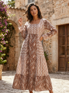 Robe longue imprimée pour femmes, manches longues, coupe trapèze, col carré, ourlet à volants, pour tenue décontractée ou de soirée - Product Image 1