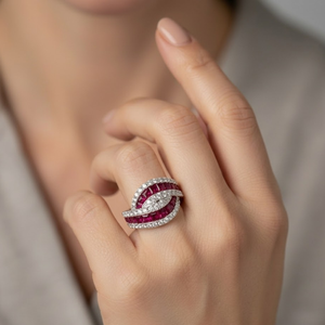 Wholesale 18K White Gold Natural Diamond Wave <b>Ring</b> Princess Cut Real Ruby Channel Set Bypass Multi Row Statement Band Fine Jewel - Product Image 2
