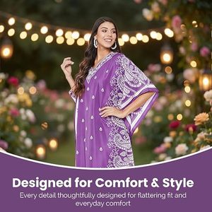 Robe longue kaftan violette à imprimé cachemire, col en V, manches chauve-souris, coupe ample, style bohème décontracté d'été avec ourlet fendu - Product Image 5