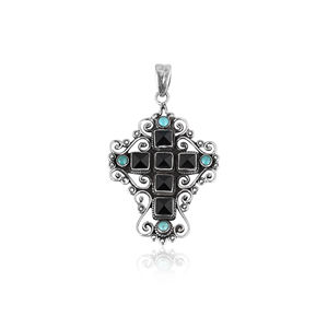 Customized 925 Sterling Silver Cross <b>Pendant</b> With <b>Black</b> Onyx & Turquoise Gemstone <b>Pendant</b> Fine Vintage Jewelry - Product Image 1
