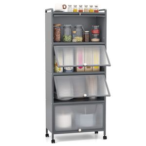 Scaffale da Cucina a 5 Ripiani Grigio con Ante Antipolvere Ribaltabili, Supporto per Microonde con 4 Ruote Frenabili - Product Image 1