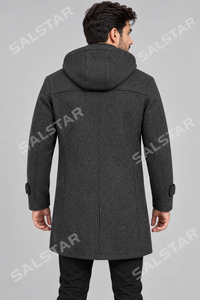 Manteau long en laine mélangée pour homme avec capuche, col à revers cranté, fermeture éclair, longueur genou, épais, pour l'hiver - Product Image 2