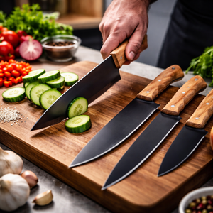 ชุดเชฟทำมือ 4 ชิ้น ทำจากเหล็กกล้าคาร์บอน พร้อมด้ามจับไม้มะกอกและปลอกหนัง ใช้งานได้ทั้งมือซ้ายและขวา ปลอดภัยสำหรับเครื่องล้างจาน - Product Image 3