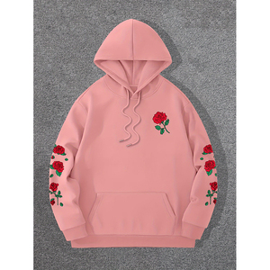 Sweat-shirt à capuche rouge pour homme, broderie florale, coton, coupe ample, décontracté, automne, avec poches - Product Image 2