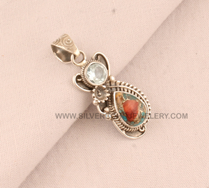 Pendentif en argent sterling 925 vintage avec topaze bleue, cuivre huître et turquoise, fait main, 18 pouces, unisexe, pour femme, vente en gros - Product Image 3