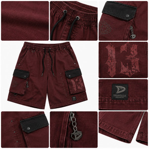 Oxblood Y2K Baggy Cargo Shorts Men / Hombre Oversized Utility Drawstring Waist Rhinestone Pocket Streetwear Low MOQ Wholesale - Product Image 6