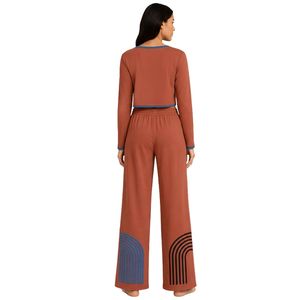 Conjunto de Pijama Corto de Manga Larga para Mujer, Color Marrón Óxido y Azul, Estampado Geométrico, Tejido de Algodón Suave, Pantalones Anchos, Ropa de Dormir OEM - Product Image 2