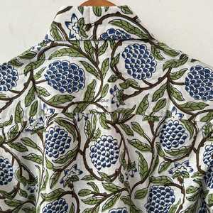 Women's Cotton Woven Block Printed Floral Button Shirt Long Sleeve Casual <b>Spring</b> Summer Style Loose Fit Front White Blue Green - Product Image 2