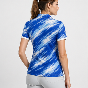 Polo de Manga Corta para Mujer con Logotipo Personalizado, Color Azul Cobalto y Blanco, con Diseño de Pinceladas, Secado Rápido, Sublimado, Ropa Deportiva de Golf - Product Image 2