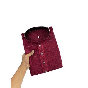 DESIGNER RAYON COTTON MACHINE BRODERIE TRAVAIL HOMME KURTA PAYJAMA MARRON - Product Image 1