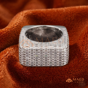 <b>Silver</b> White Gold Finish Baguette Stone Square <b>Ring</b> | Iced Out Geometric Band | Hip Hop <b>Men</b>’s & Fashion Statement Jewellery - Product Image 4