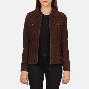 <b>Women's</b> Brown <b>Suede</b> Moto <b>Jacket</b> With Zipper Closure Turn-Down Collar Full Sleeve Autumn Style <b>Jacket</b> With Pockets - Product Image 1