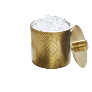 Seau à glace de luxe en or, double paroi en acier inoxydable, seau à glace isotherme avec couvercle, motif géométrique texturé, vin, champagne - Product Image 1