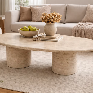 Table à manger ovale en pierre de travertin écologique de luxe, couleur beige naturel, mobilier de salle à manger moderne, décoration Diwali - Product Image 1