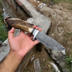 Cuchillo de hoja fija de acero de Damasco hecho a mano con mango de cuerno de ciervo y funda de cuero para camping y desollado al aire libre - Product Image 2