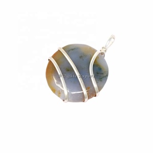 Natural Crystal <b>Silver</b> <b>Wire</b> Stone Jewelry Grey Agate Round <b>Wire</b> Wrap Pendant Grey Agate Healing Pendant Necklace for Gifts - Product Image 1