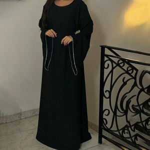 Robes élégantes en satin de qualité supérieure, modestes, col rond, manches évasées, dos à lacets, robe maxi à nouer à la taille, abaya, robe pour femmes musulmanes - Product Image 1