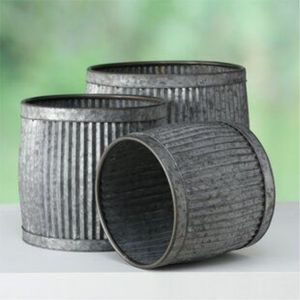 Vintage Ribbed Galvanized Metal <b>Planter</b> Set Industrial Corrugated Zinc Flower Pot Outdoor Garden Round Tin Bucket <b>Planters</b> Pots - Product Image 1
